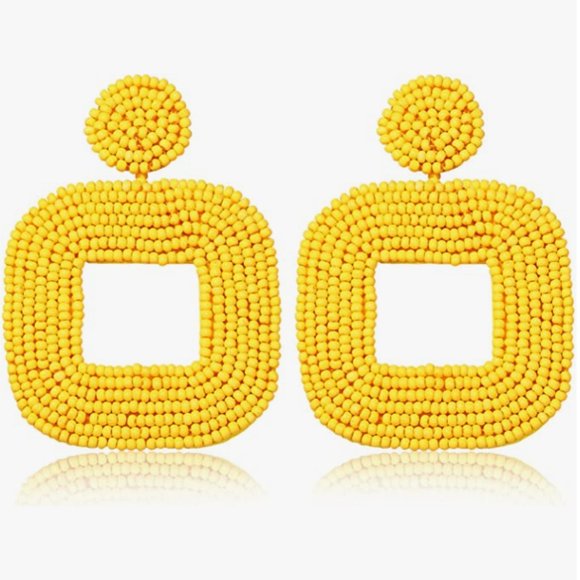 Oversized Yellow Handmade Beaded Dangle Earrings Post New Handcrafted Summer - Picture 2 of 5